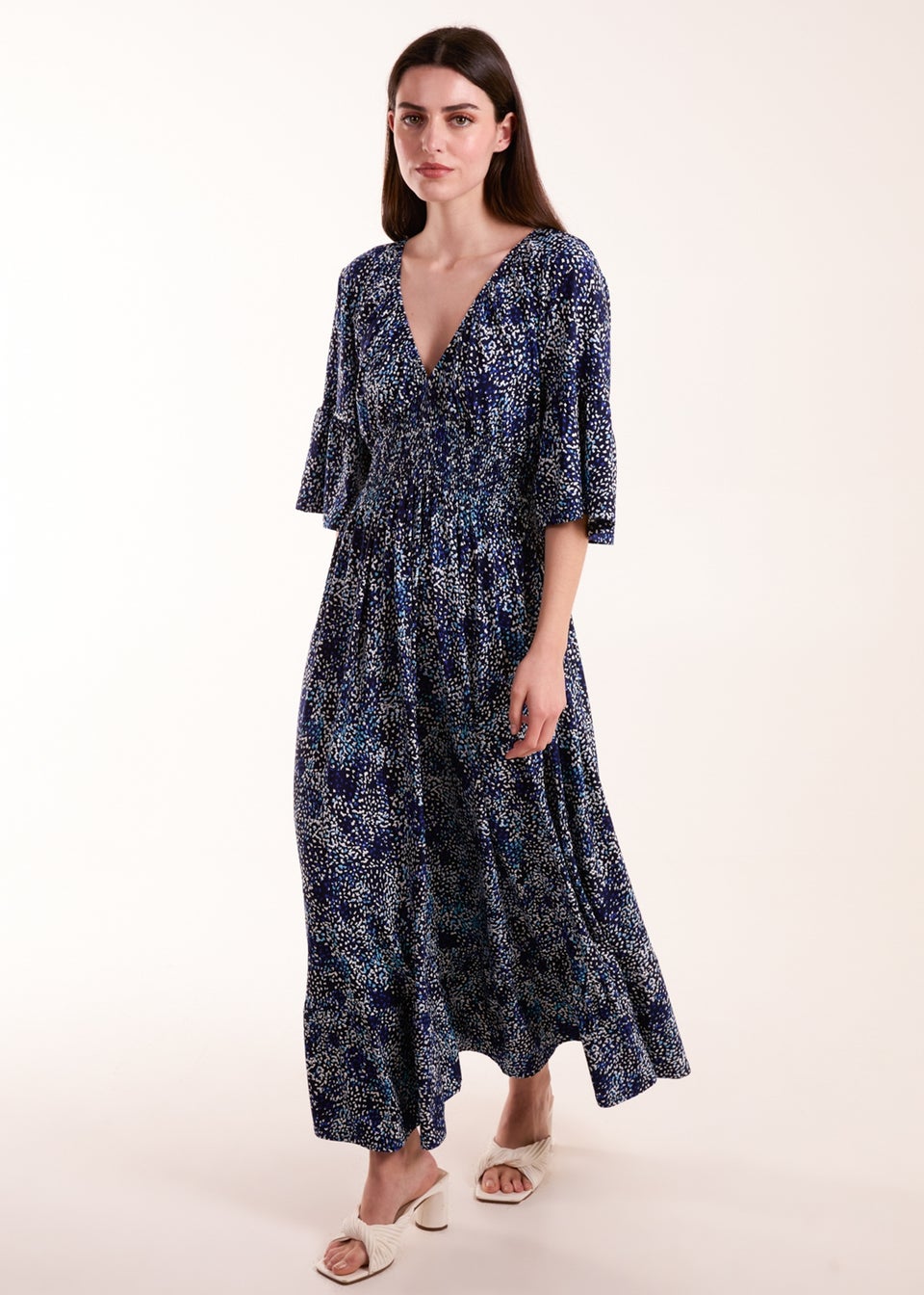 Blue Vanilla Navy Elasticated Neck Shirred Waist Midi Dress - Matalan