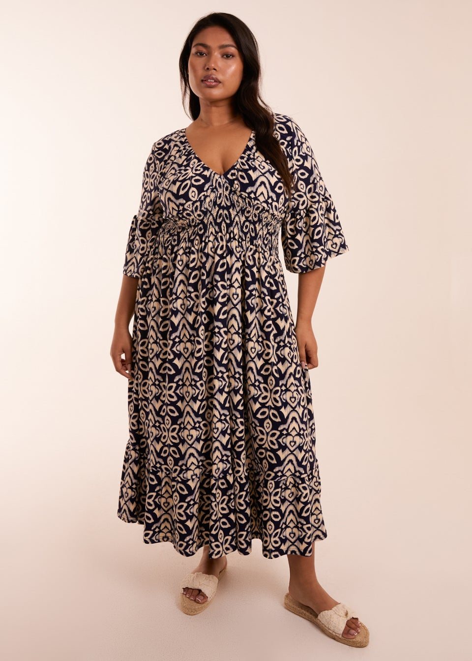 Blue Vanilla Curve Navy Elasticated Neck Shirred Waist Abstract Midi ...
