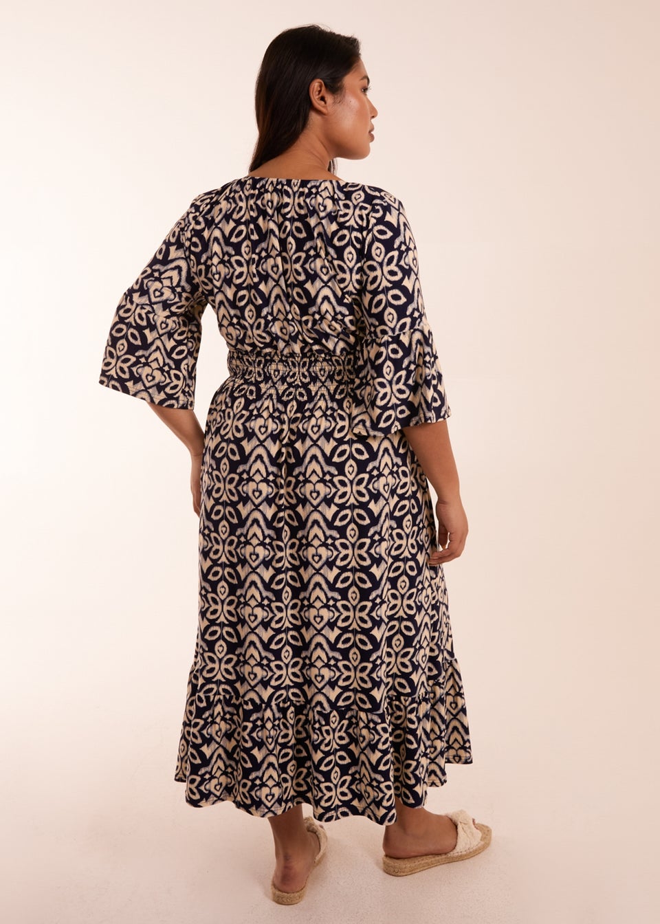 Blue Vanilla Curve Navy Elasticated Neck Shirred Waist Abstract Midi ...