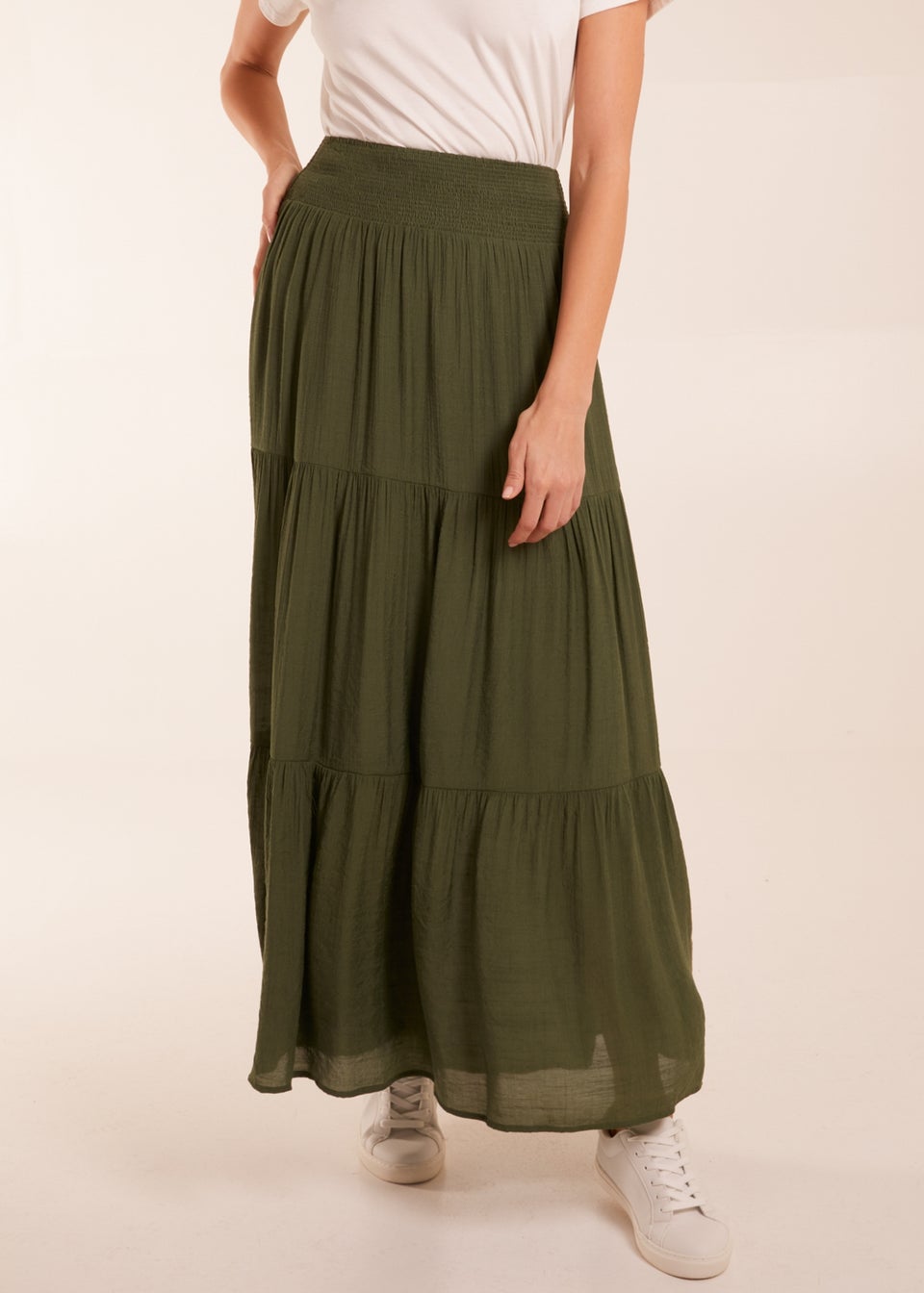 Blue Vanilla Khaki Shirring Waist Tiered Maxi Skirt