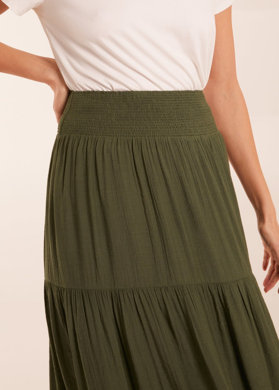 Blue Vanilla Khaki Shirring Waist Tiered Maxi Skirt