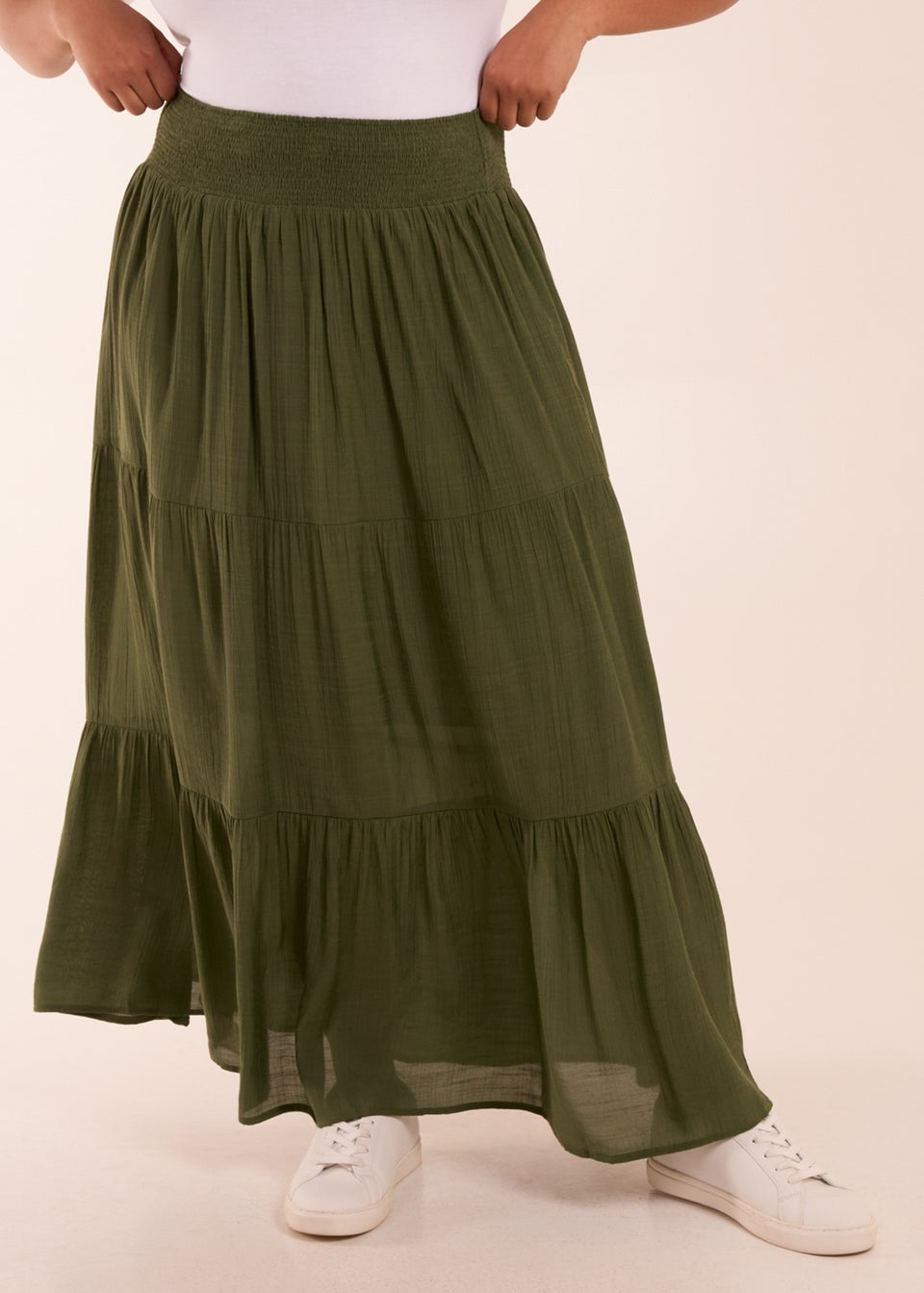 Blue Vanilla Curve Khaki  Tiered Shirred Maxi Skirt