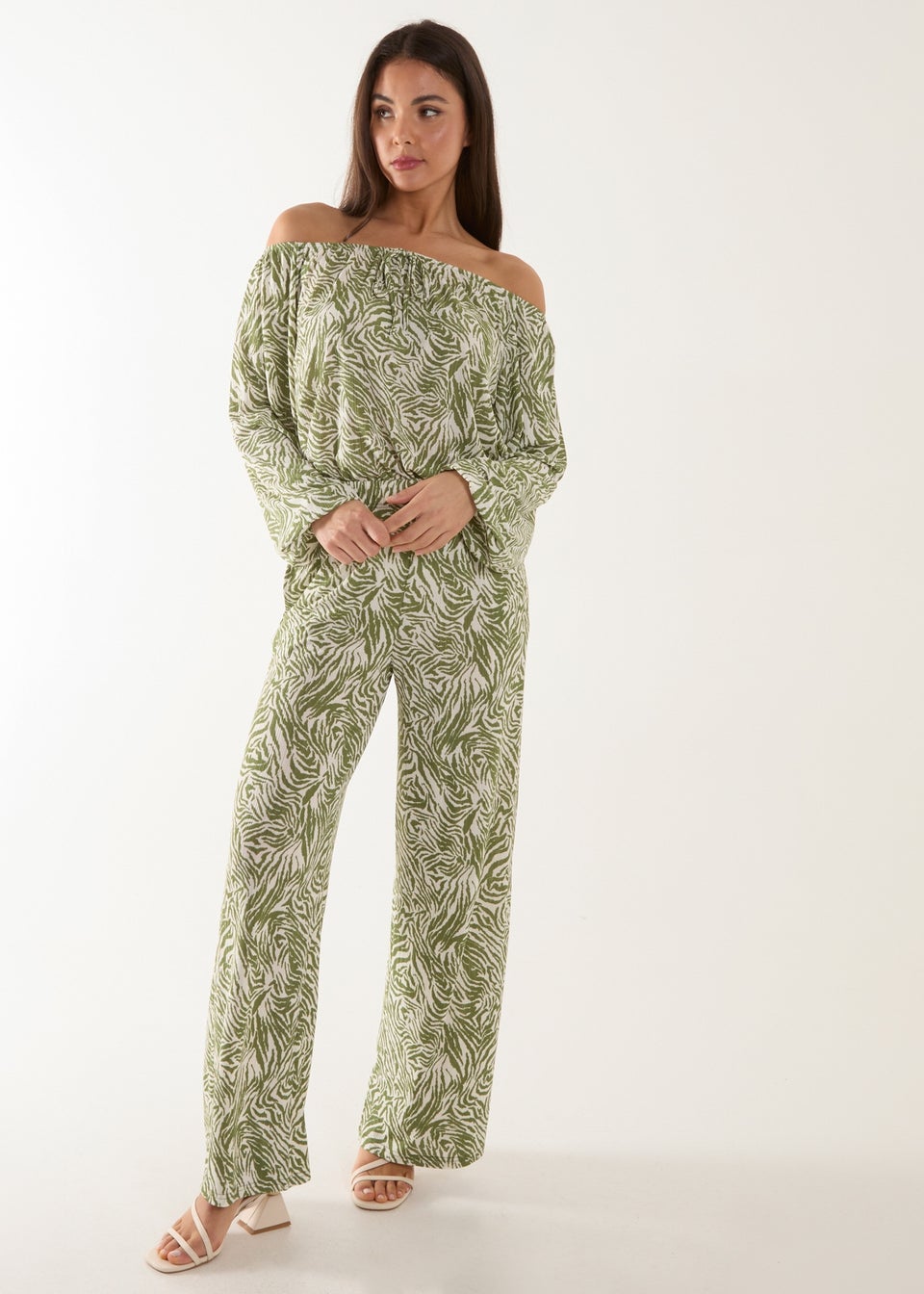 Blue Vanilla Green Off The Shoulder Top And Wide Leg Trouser Set