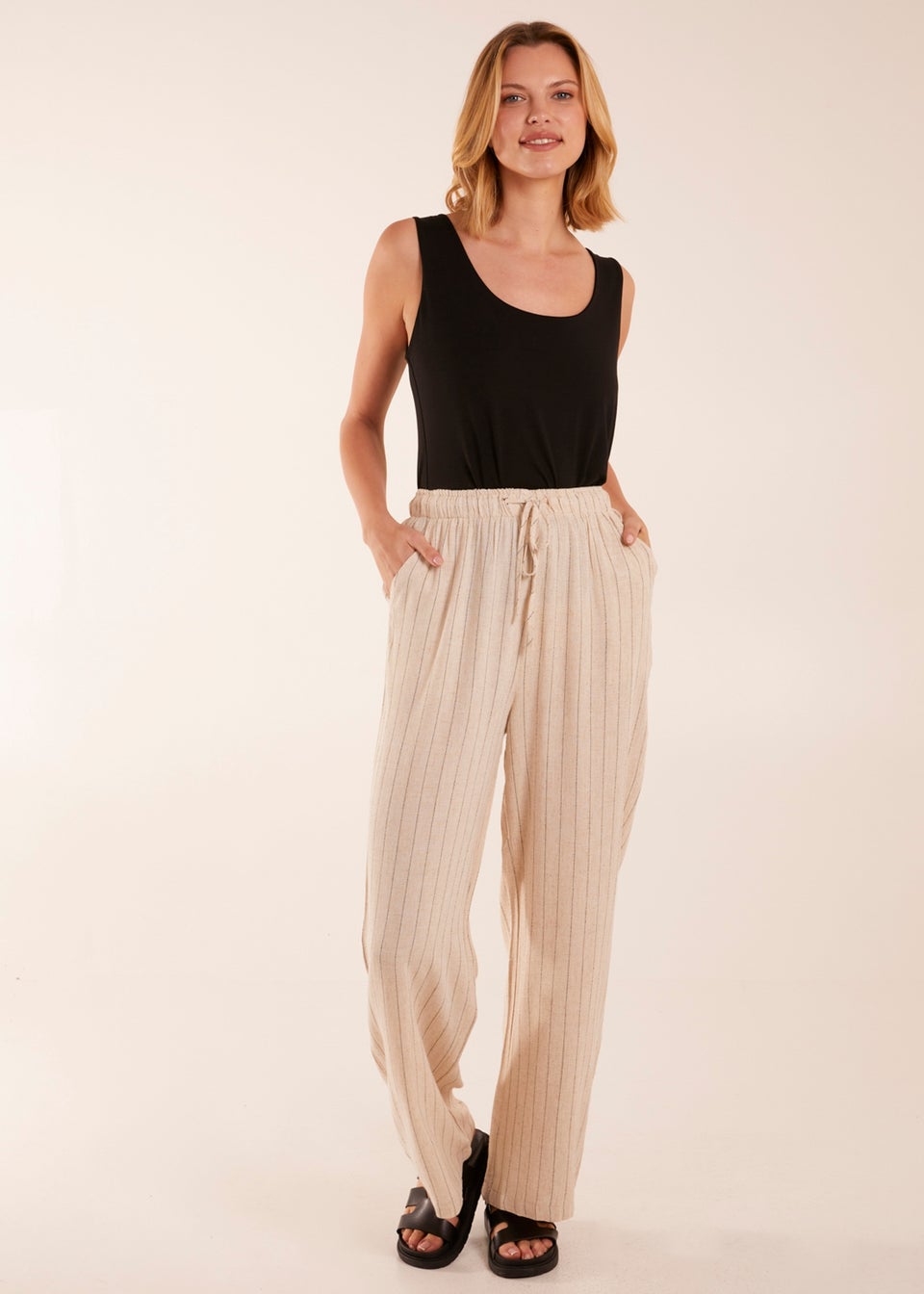 Blue Vanilla Stone Stripe Wide Leg Linen Trousers