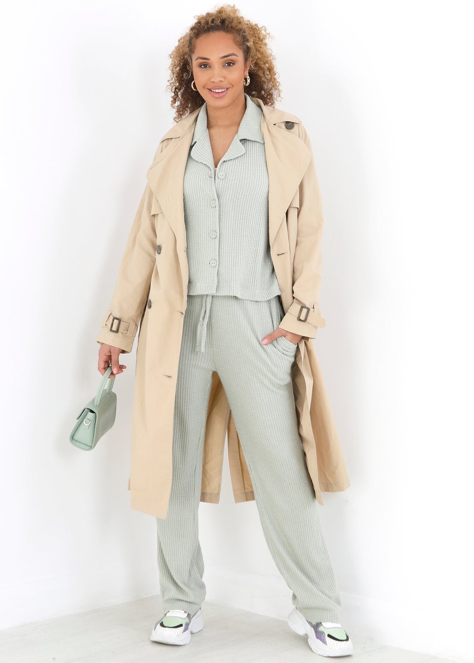 Brave Soul Soft Green Waffle Button Shirt & Trouser Co Ord