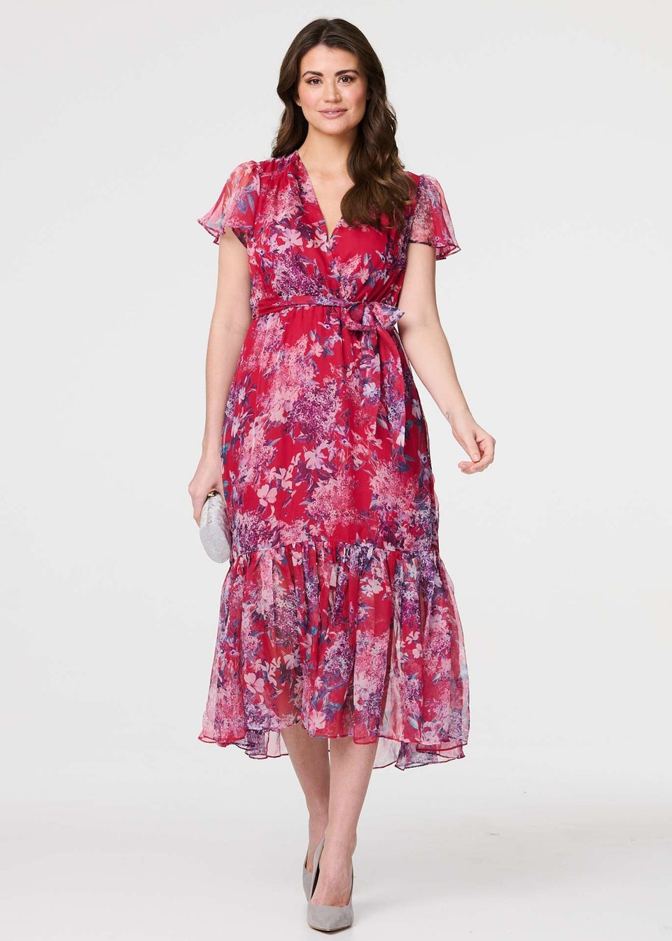 Izabel London Pink Floral Short Sleeve Tiered Midi Dress