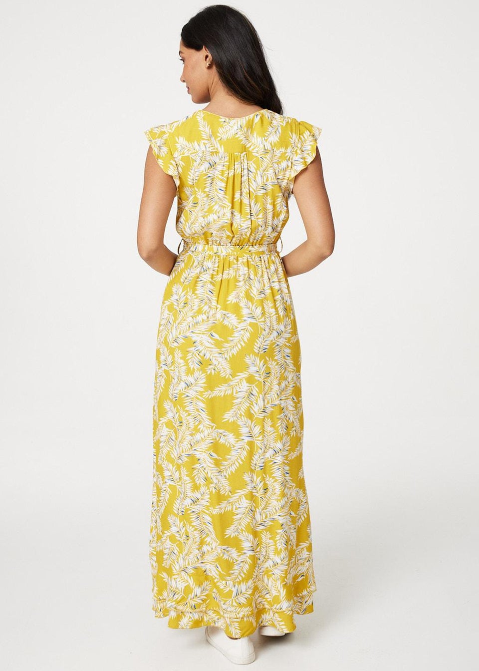 Izabel London Yellow Leaf Print Tie Waist Maxi Dress
