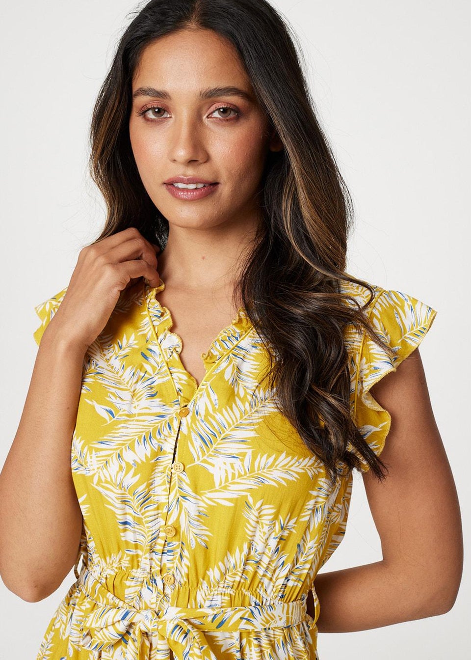 Izabel London Yellow Leaf Print Tie Waist Maxi Dress