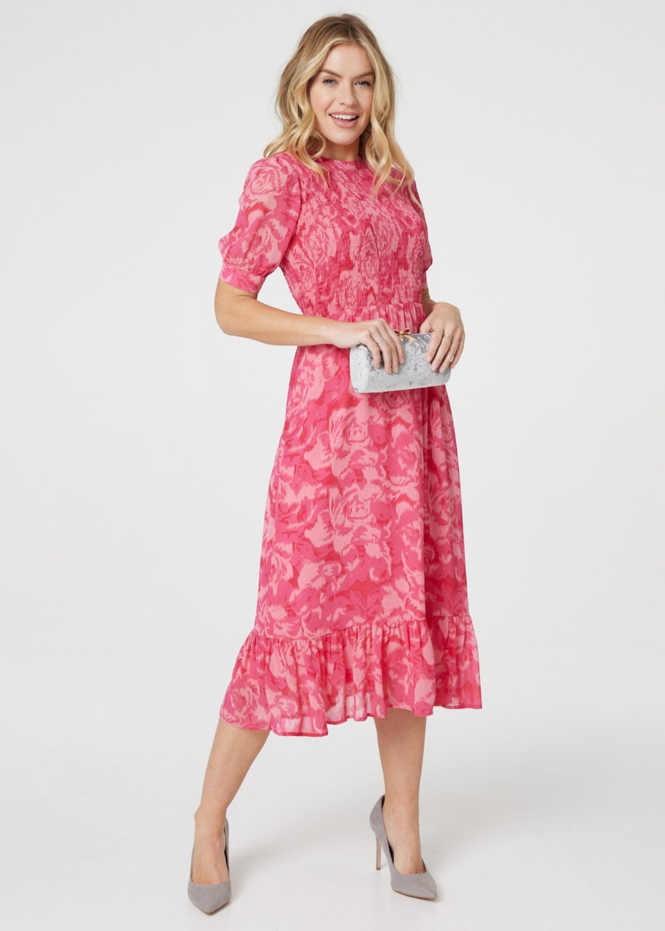 Izabel London Pink Floral Puff Sleeve Shirred Midi Dress