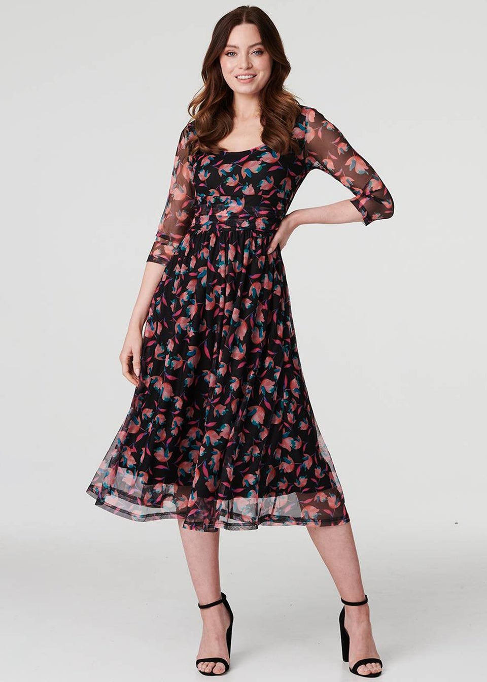 Izabel London Black Floral Semi Sheer Ruched Midi Dress