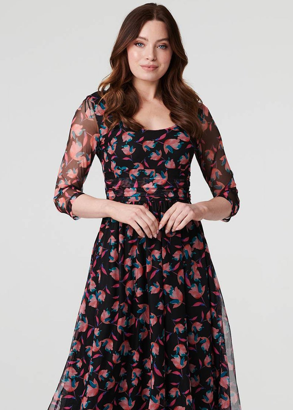 Izabel London Black Floral Semi Sheer Ruched Midi Dress - Matalan