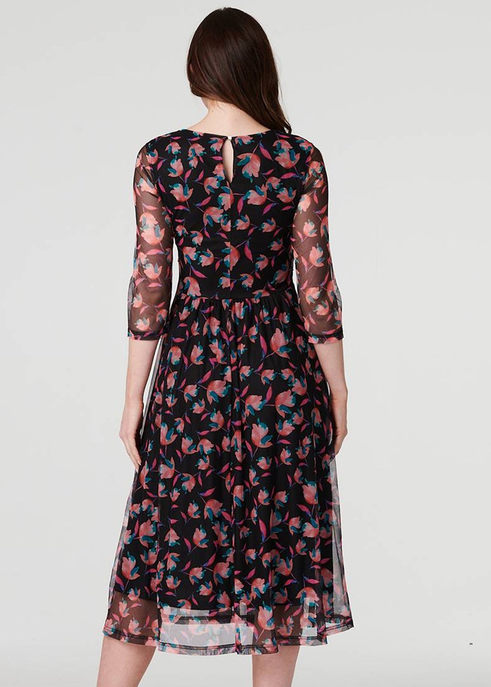 Izabel London Black Floral Semi Sheer Ruched Midi Dress