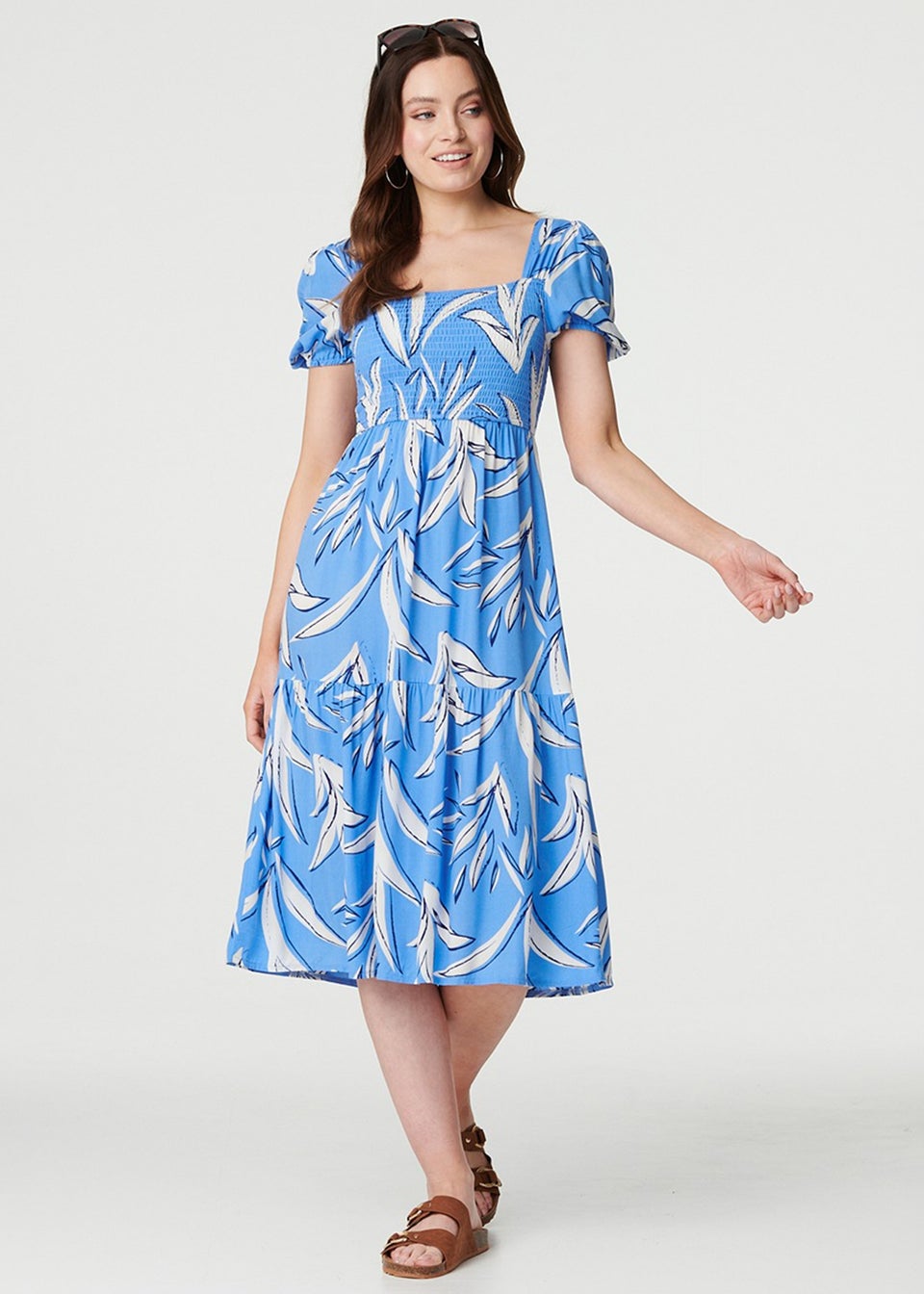 Izabel London Blue Leaf Print Smocked Midi Dress - Matalan