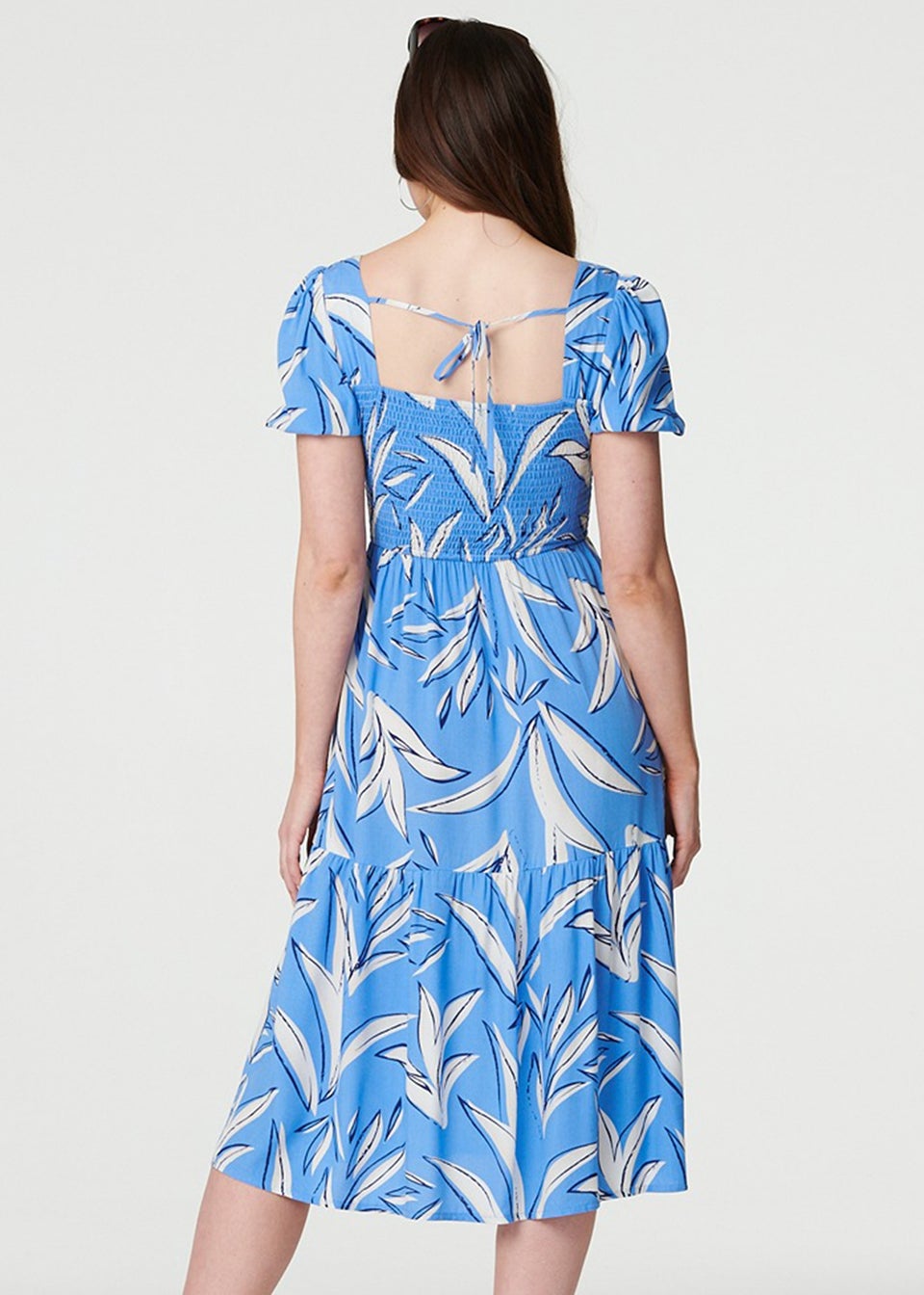 Izabel London Blue Leaf Print Smocked Midi Dress