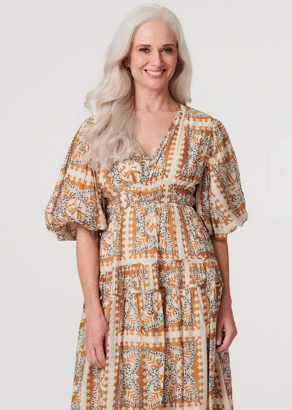 Izabel London Rust Printed Puff Half Sleeve Midi Dress