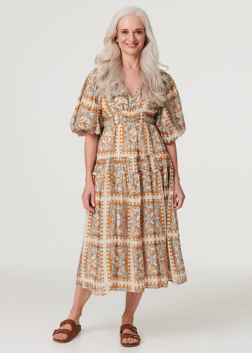 Izabel London Rust Printed Puff Half Sleeve Midi Dress