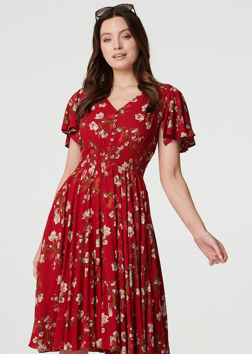 Izabel London Red Floral Angel Sleeve Short Dress