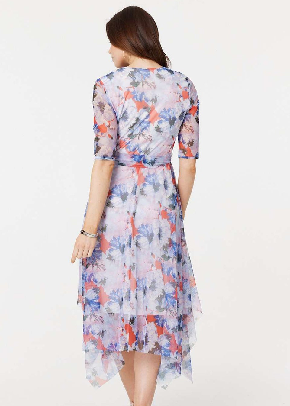 Izabel London Blue Floral Semi Sheer Layered Midi Dress