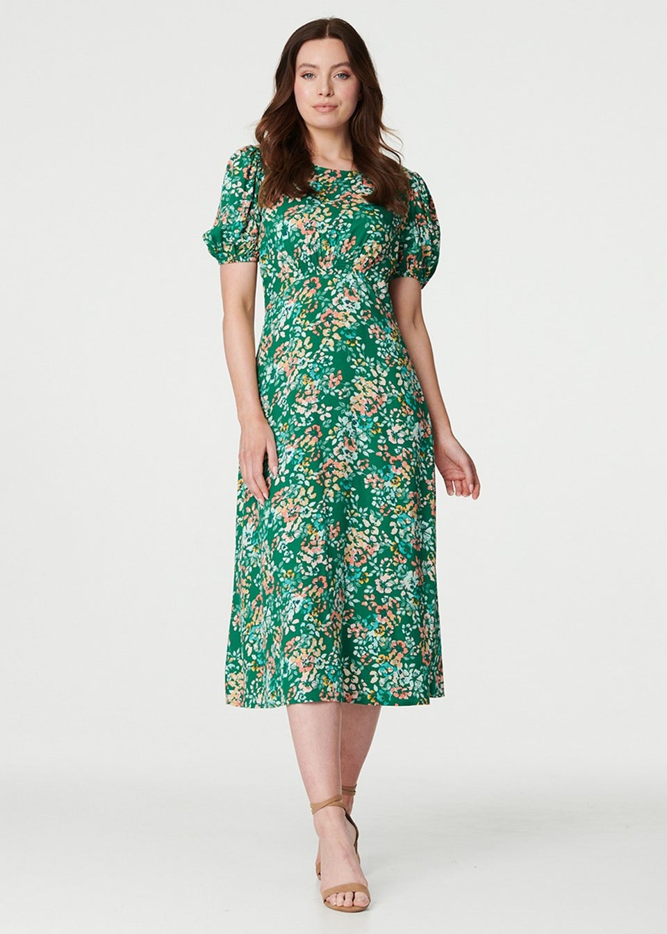 Izabel London Green Floral Puff Sleeve Ruched Midi Dress