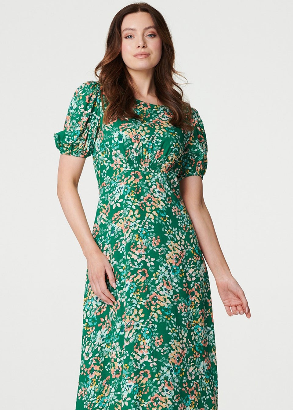 Izabel London Green Floral Puff Sleeve Ruched Midi Dress