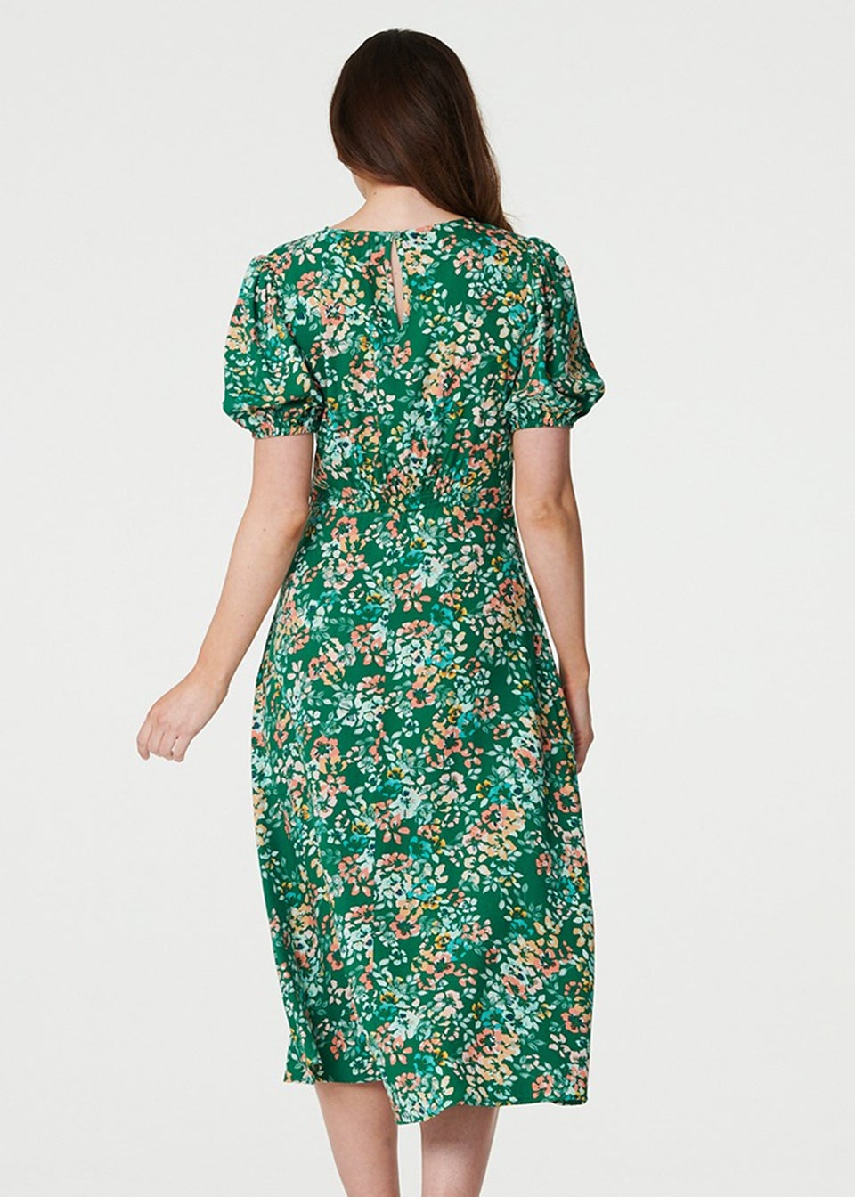 Izabel London Green Floral Puff Sleeve Ruched Midi Dress