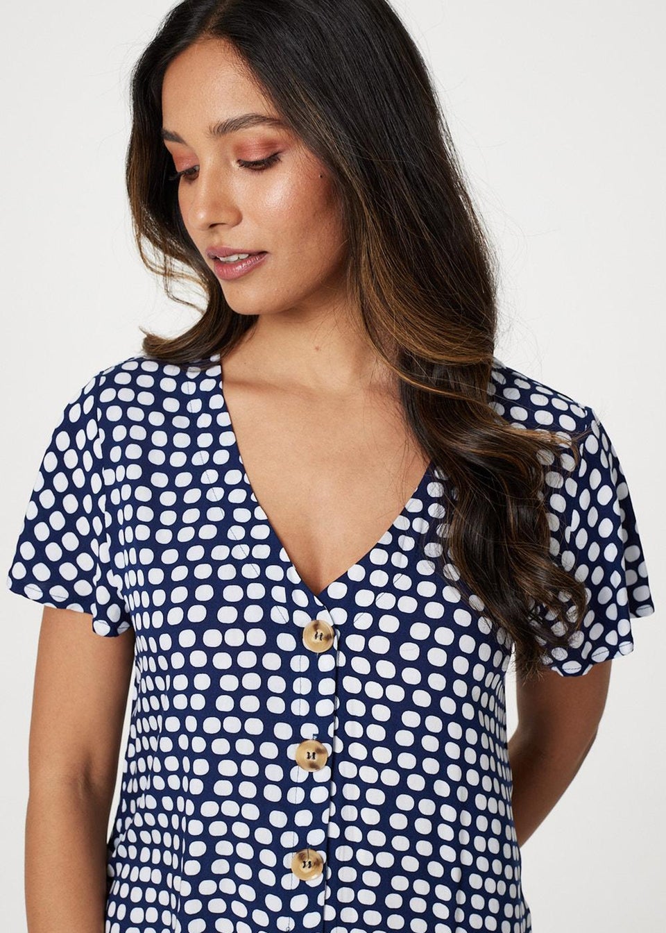 Izabel London Navy Spotty V-Neck Button Front Dress