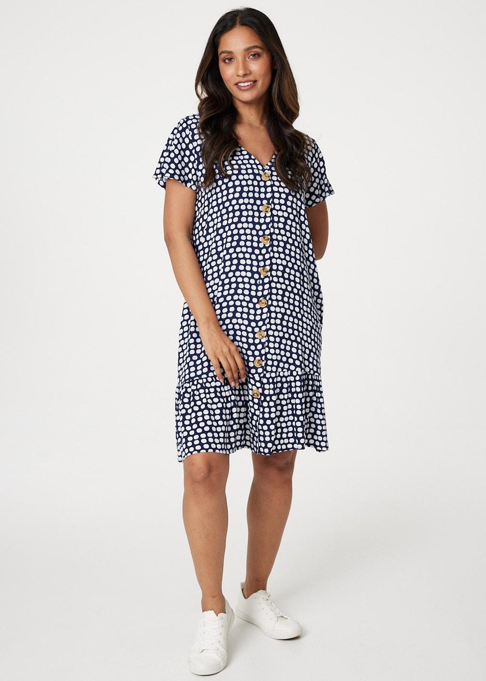 Izabel London Navy Spotty V-Neck Button Front Dress