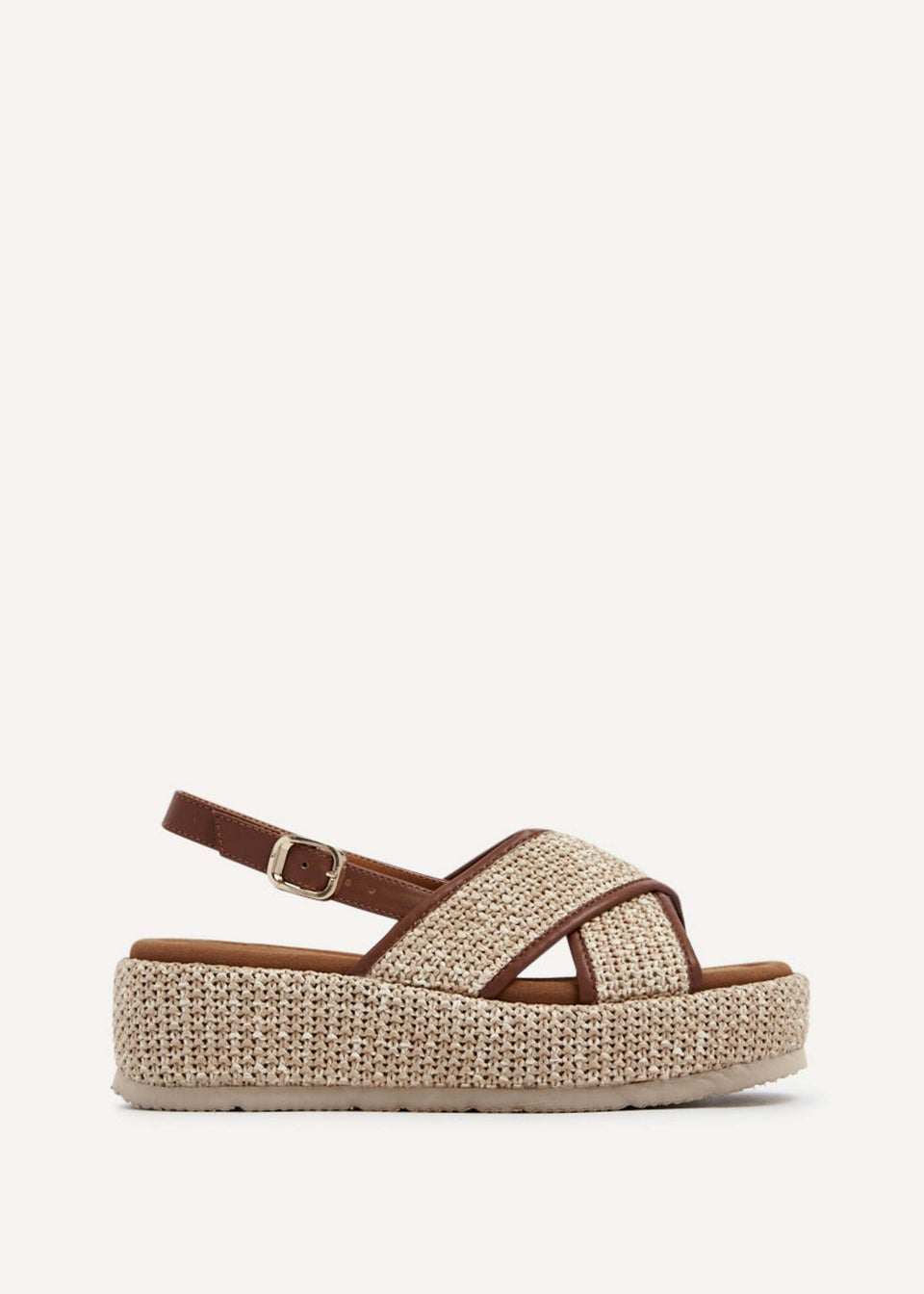 Linzi Laurent Natural and Tan Two-Tone Crossover Raffia Flatform Sandal