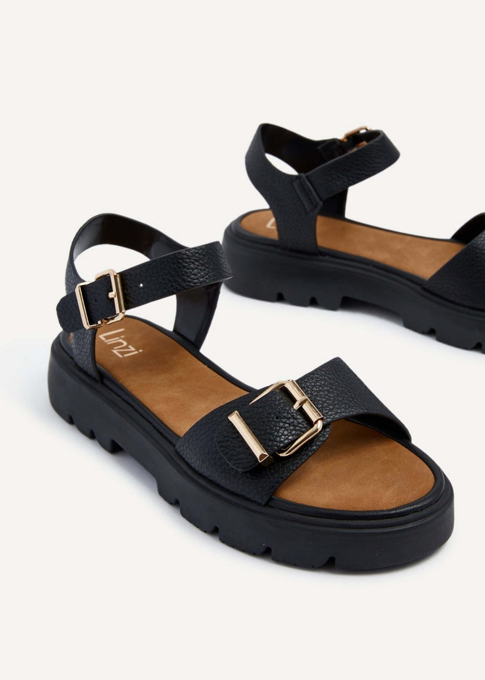 Linzi Comet Black Faux Grain Leather Chunky Sandal