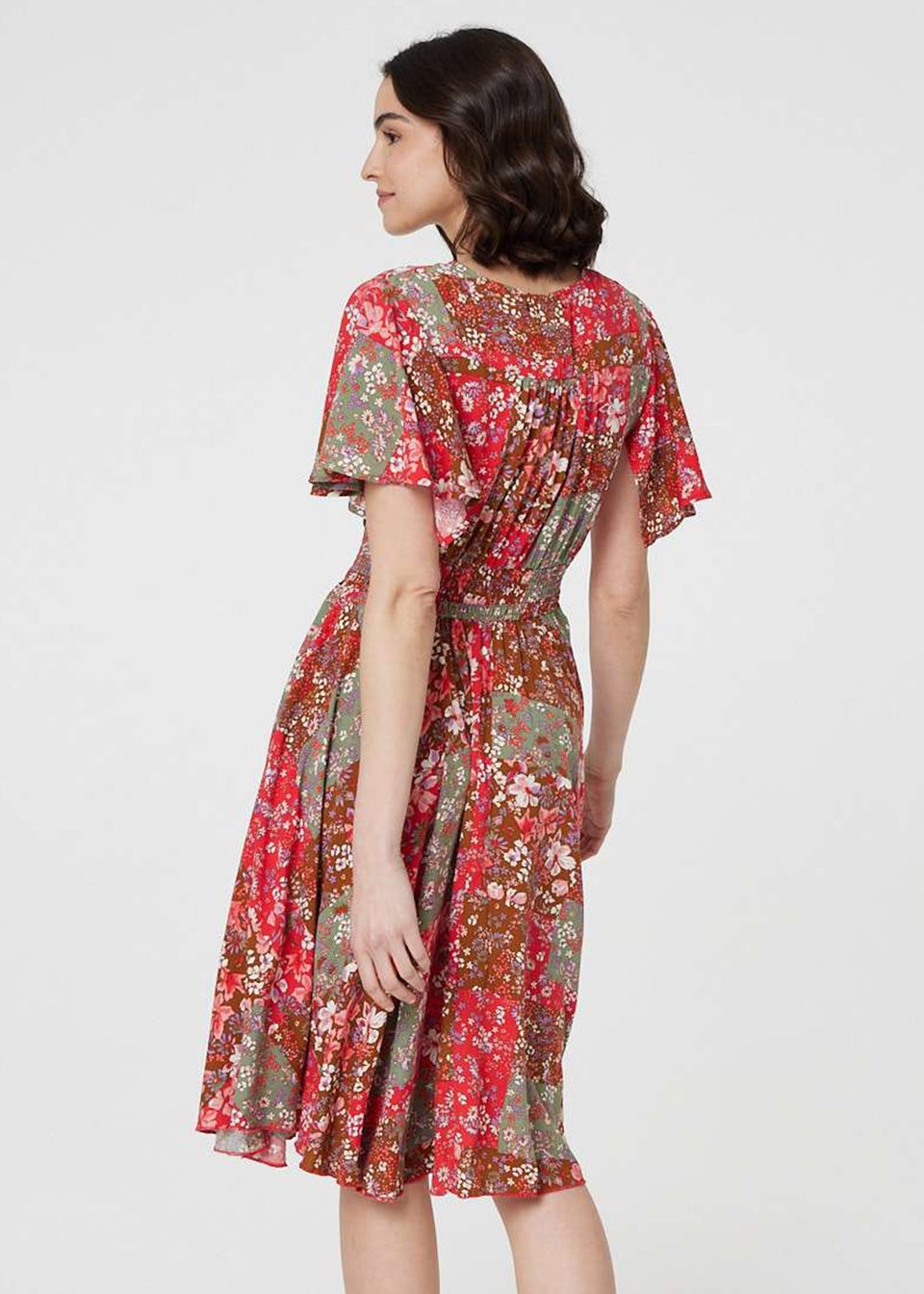 Izabel London Green Patchwork Print Shirred Waist Dress
