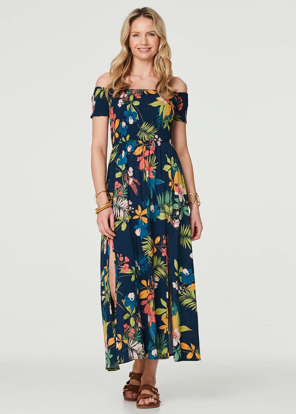 Izabel London Navy Floral Bardot Side Split Maxi Dress