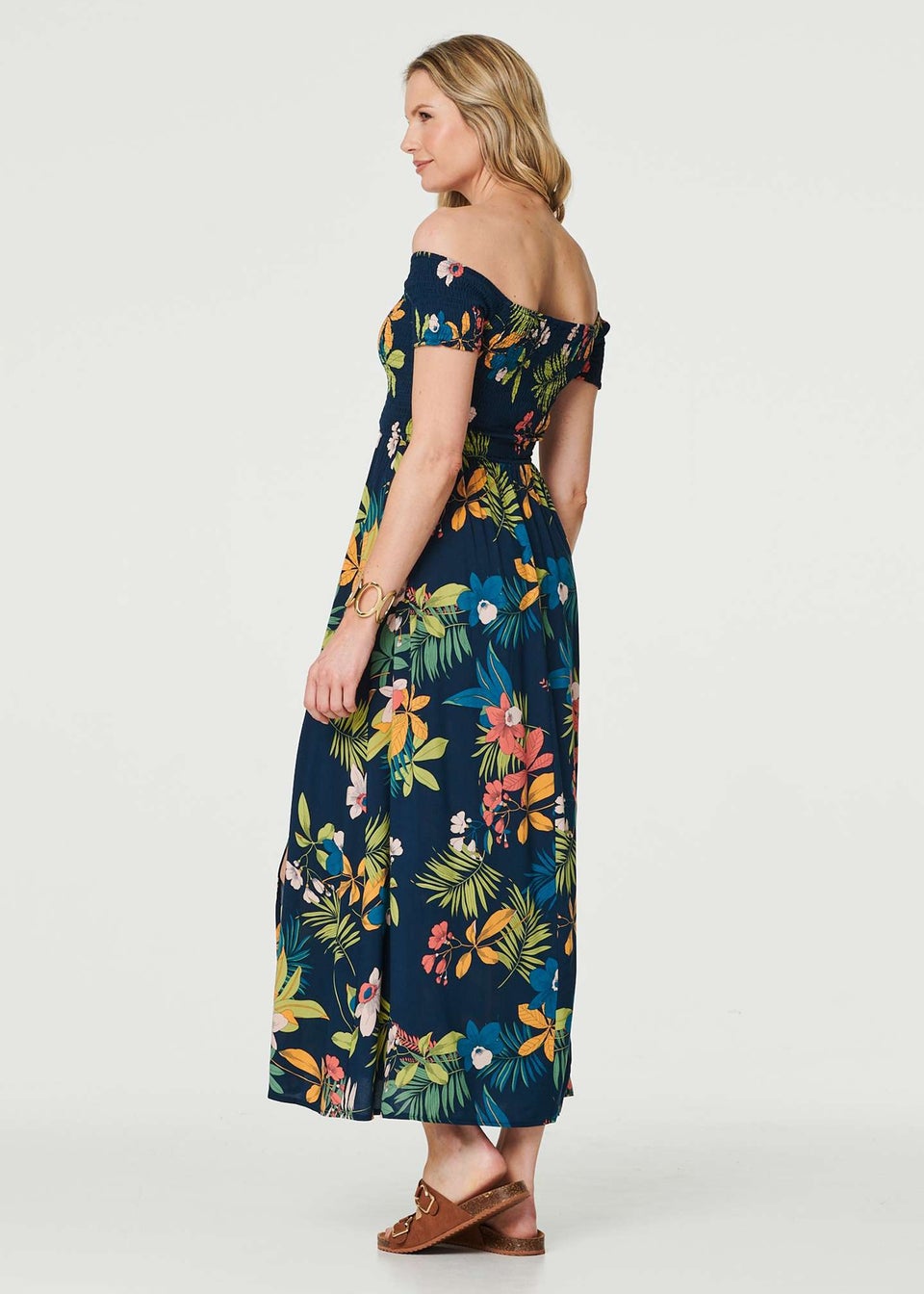Izabel London Navy Floral Bardot Side Split Maxi Dress