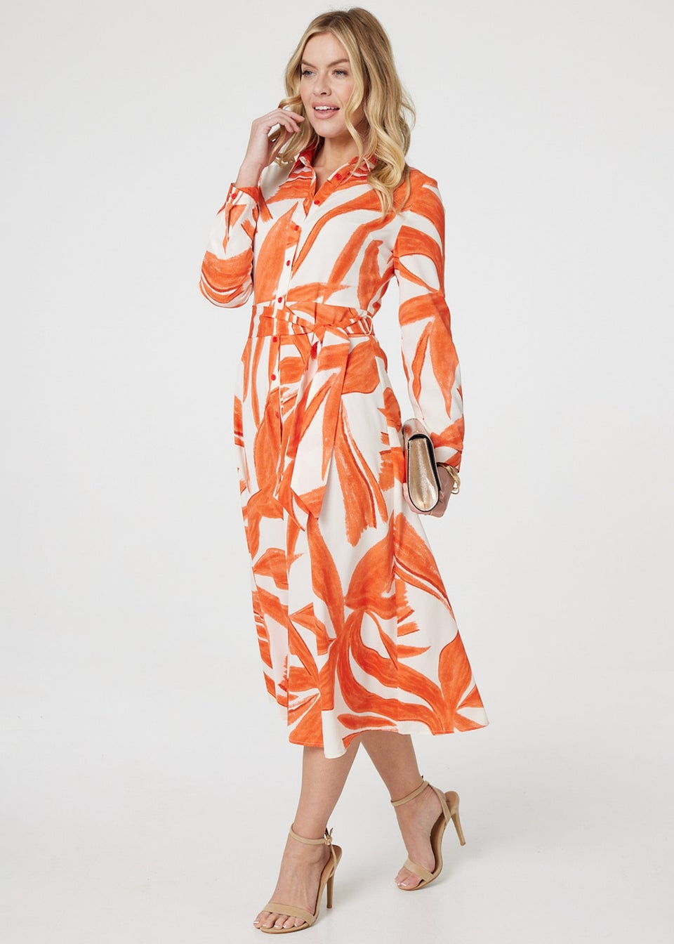 Izabel London Orange Printed Long Sleeve Midi Shirt Dress