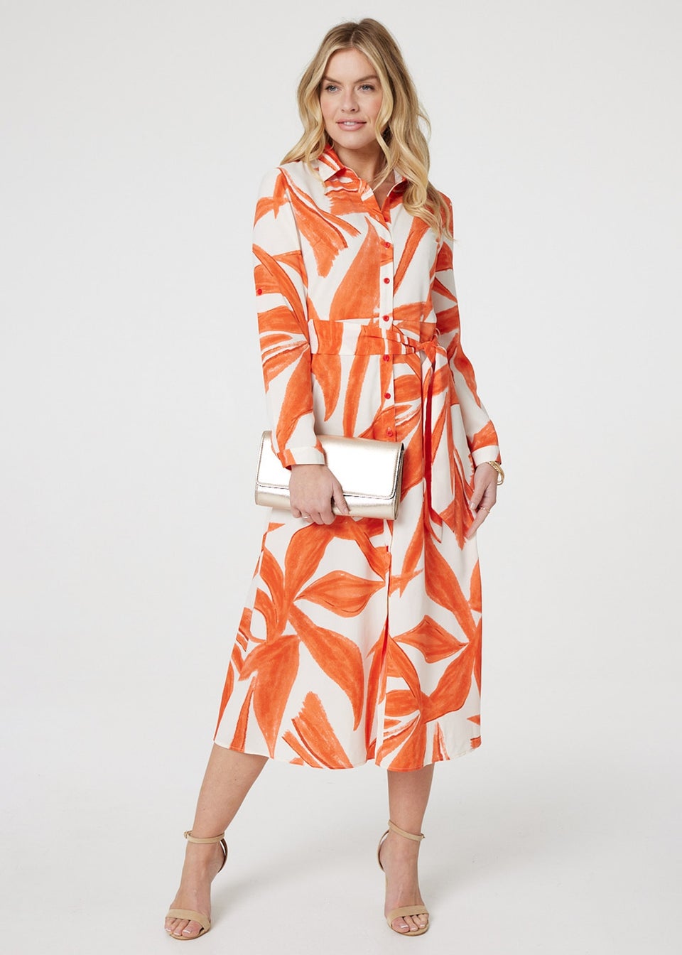 Izabel London Orange Printed Long Sleeve Midi Shirt Dress