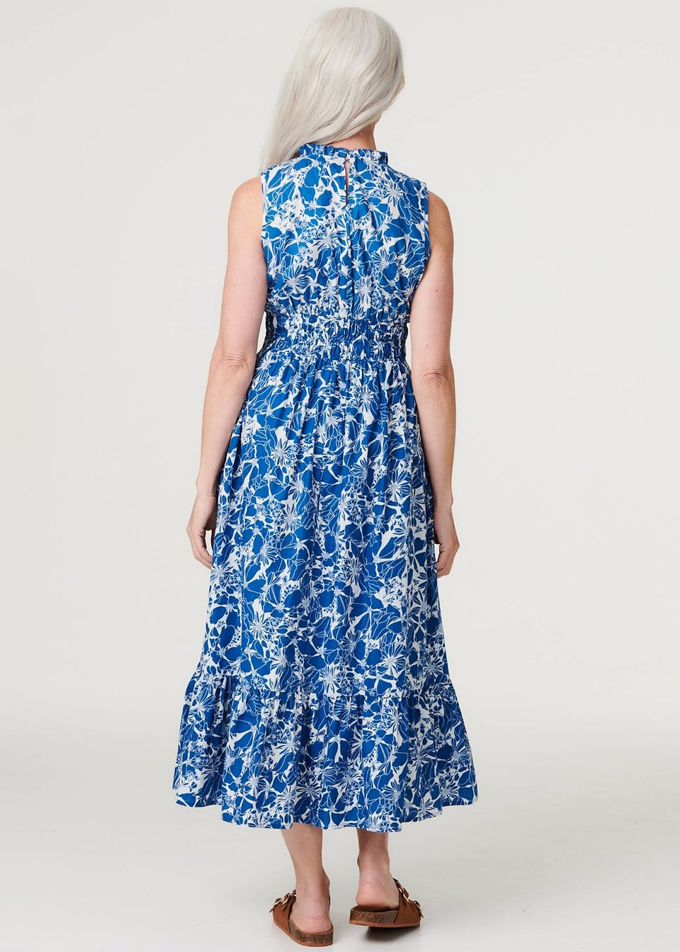 Izabel London Navy Floral High Neck Shirred Midi Dress