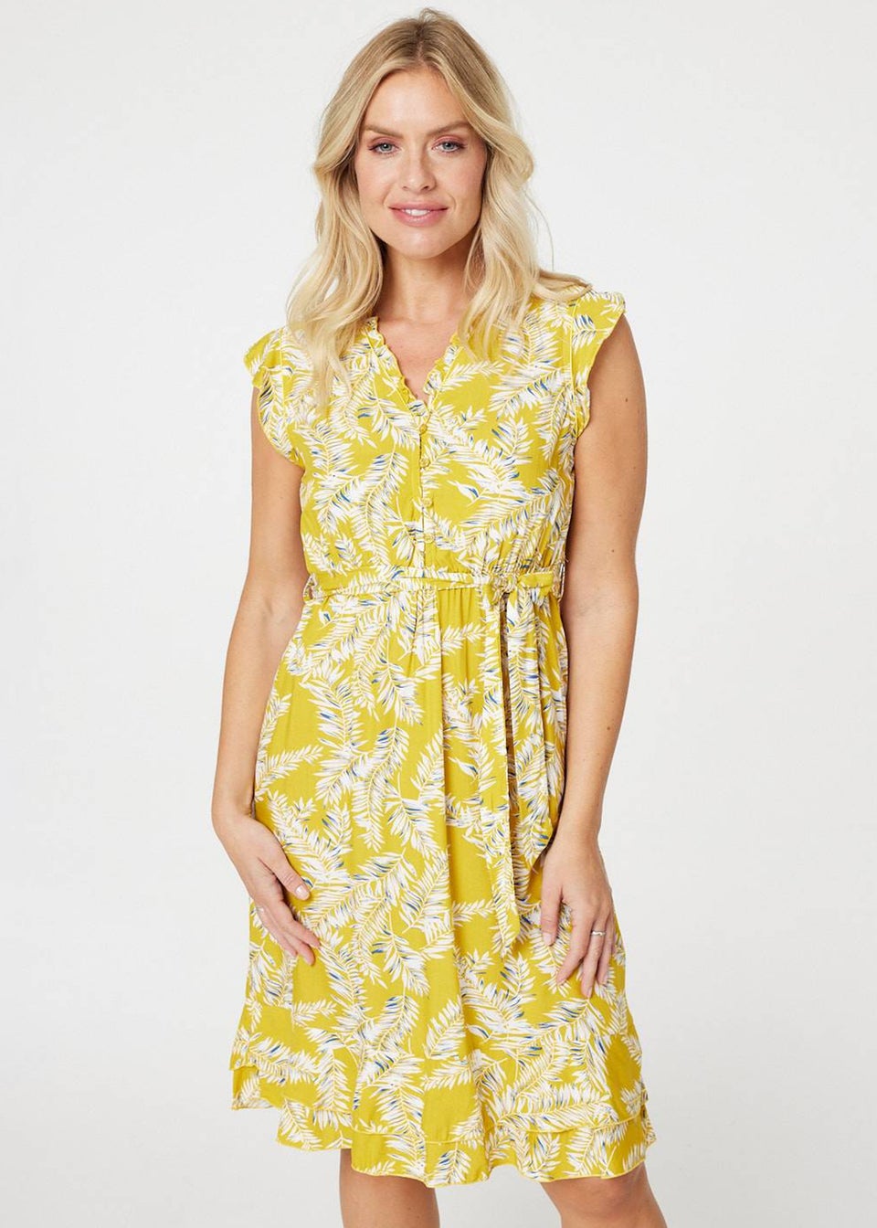 Izabel London Yellow Leaf Print Tie Waist Short Dress Matalan