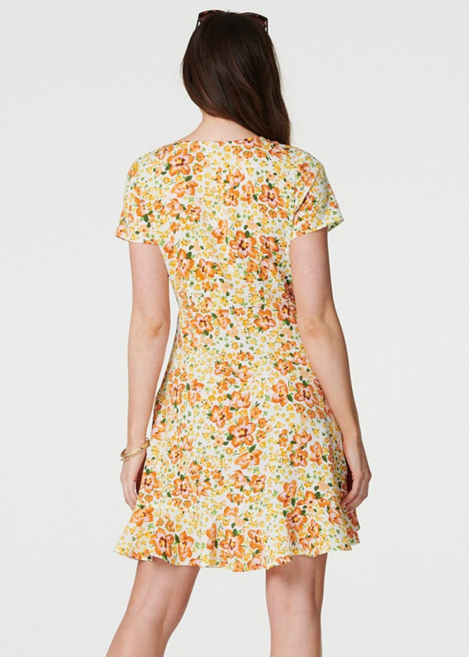 Izabel London Yellow Floral Print Ruffle Wrap Dress