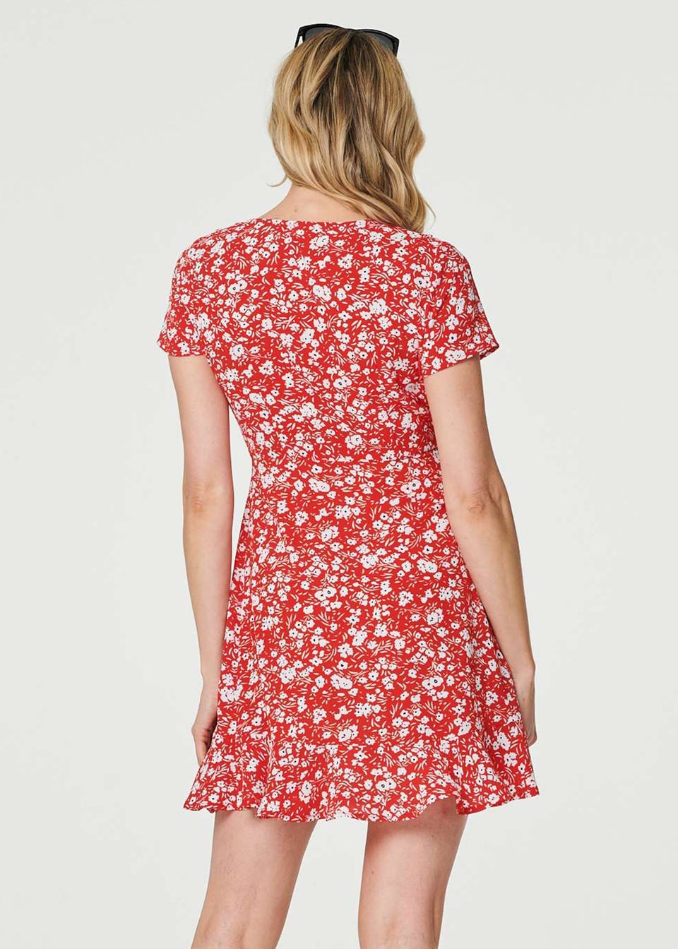 Izabel London Red Ditsy Floral Short Faux Wrap Dress