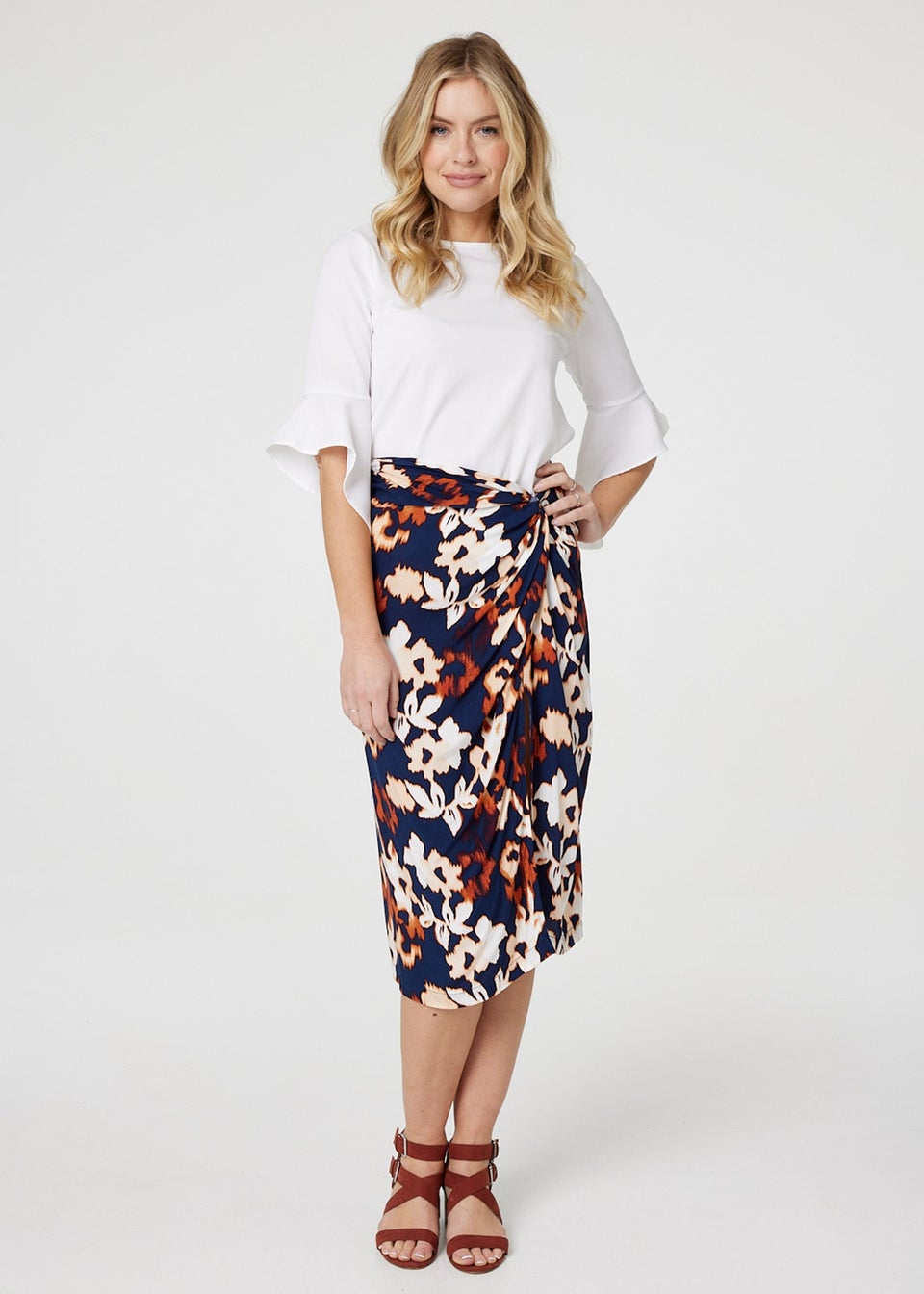 Izabel London Navy Floral Ruched High Waist Midi Skirt