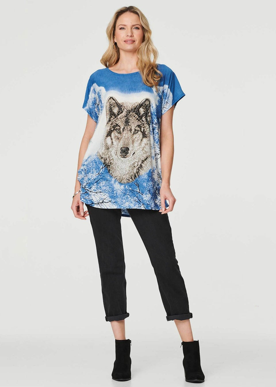 Izabel London Blue Embellished Wolf Print T-Shirt