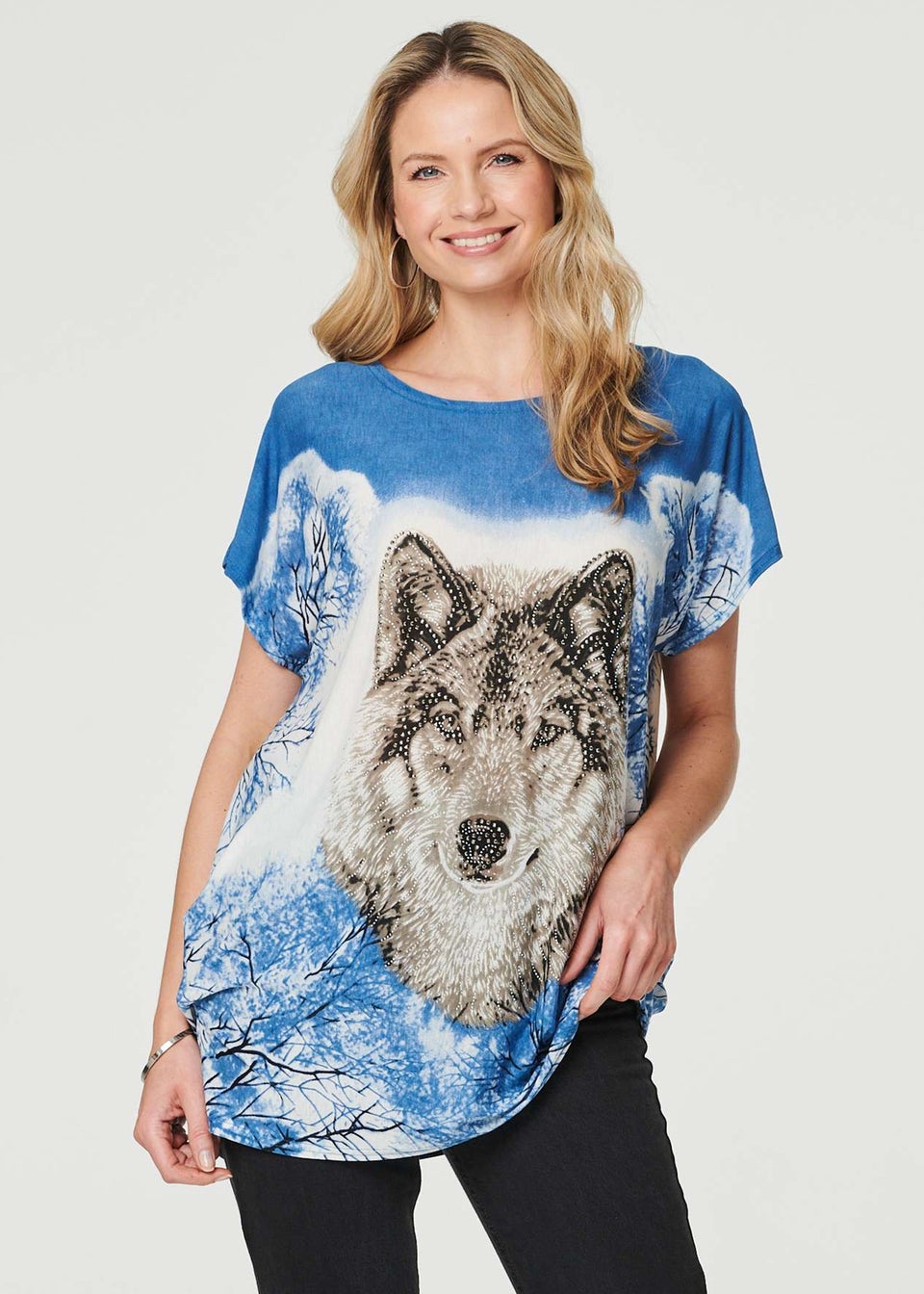 Izabel London Blue Embellished Wolf Print T-Shirt