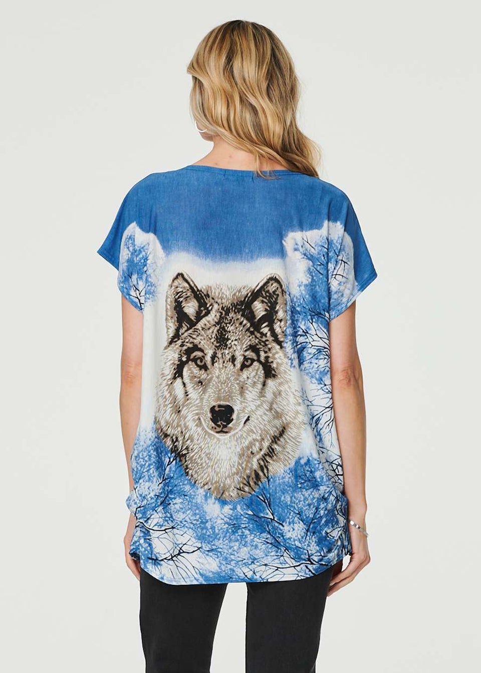 Izabel London Blue Embellished Wolf Print T-Shirt