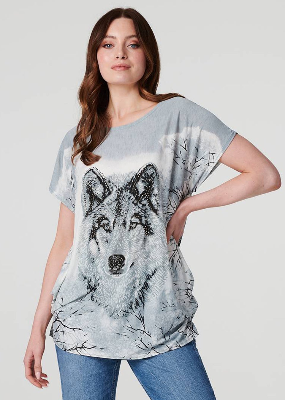 Izabel London Grey Embellished Wolf Print T-Shirt