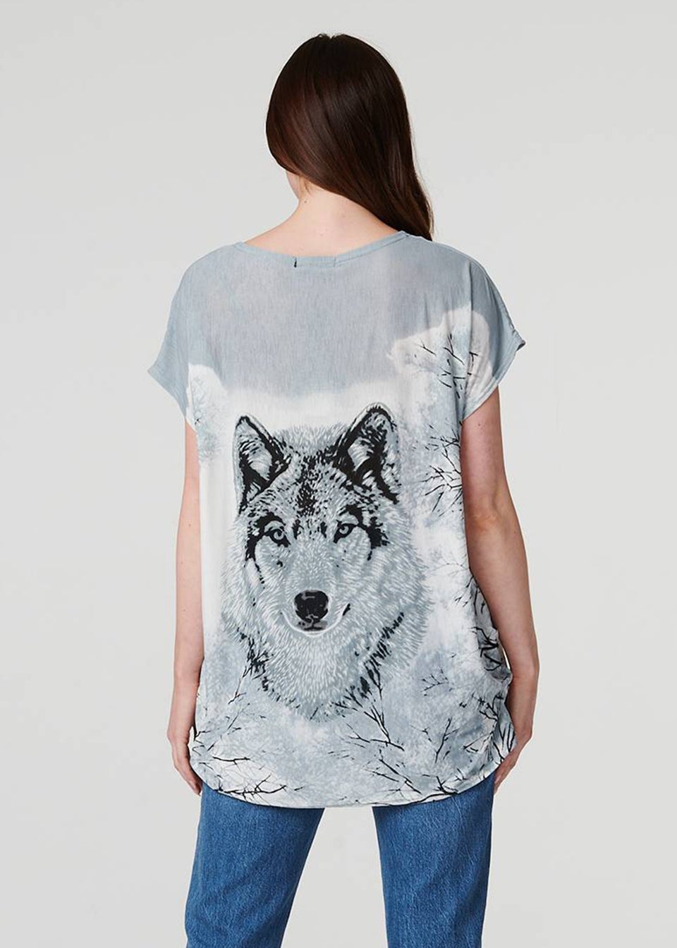 Izabel London Grey Embellished Wolf Print T-Shirt
