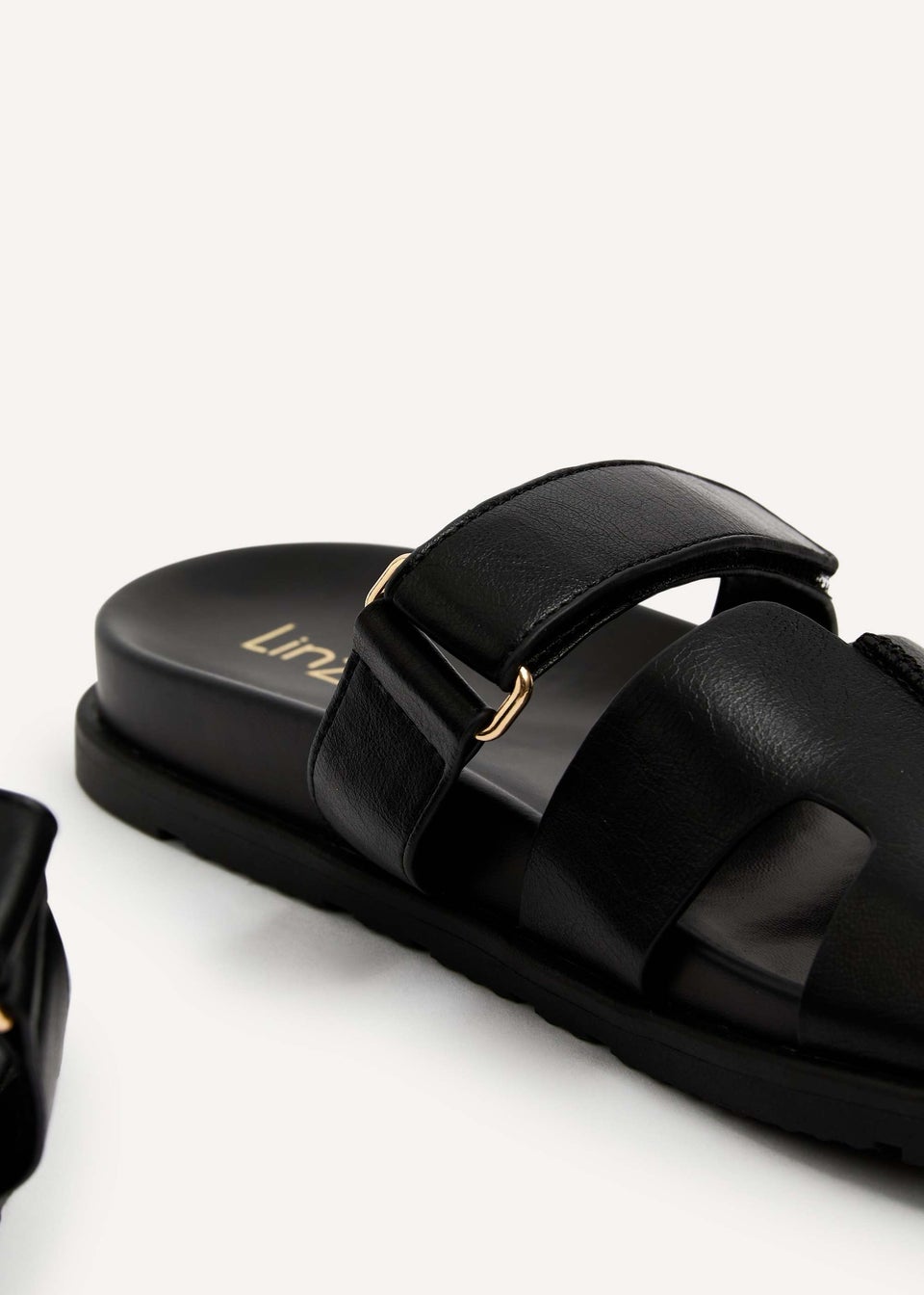 Linzi Emmy Black Faux Leather Footbed Linked Design Sandal