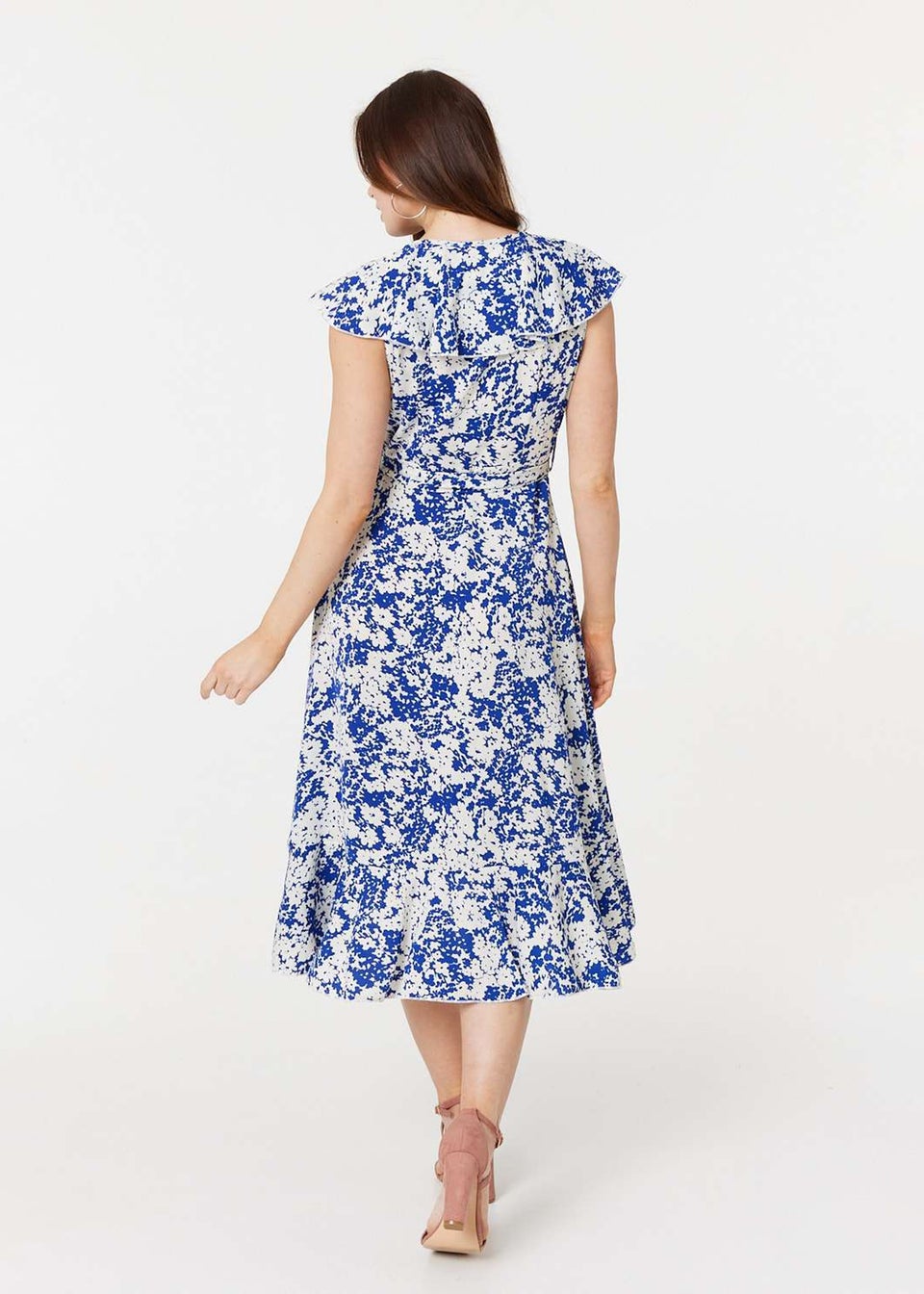 Izabel London Blue Printed Tie Waist Midi Wrap Dress