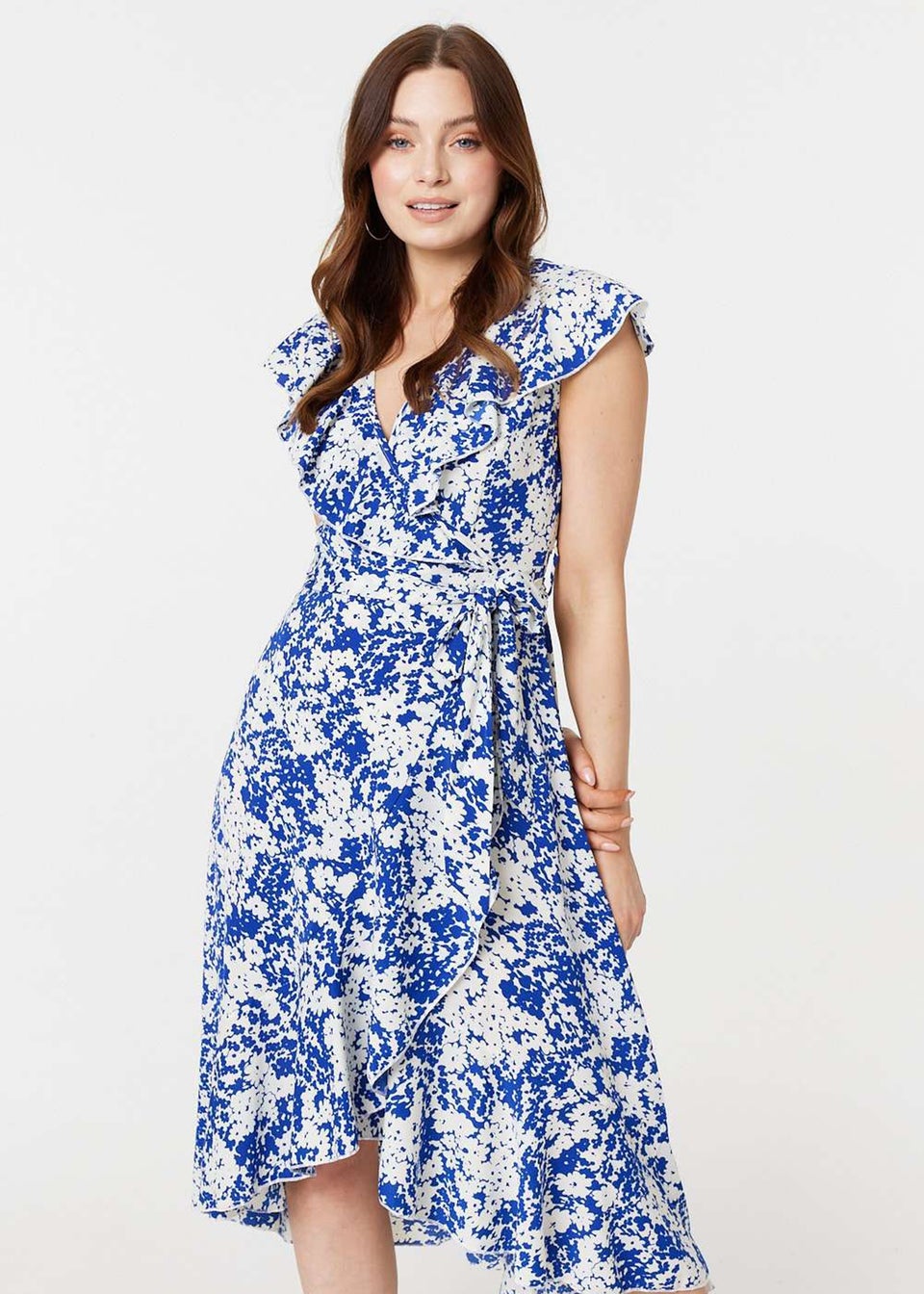 Izabel London Blue Printed Tie Waist Midi Wrap Dress