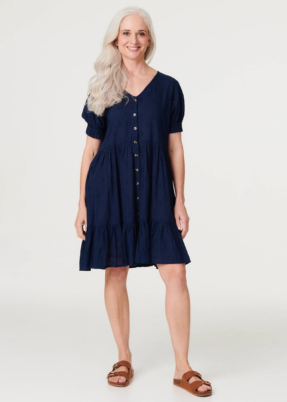Izabel London Navy Embossed V-Neck Knee Length Dress