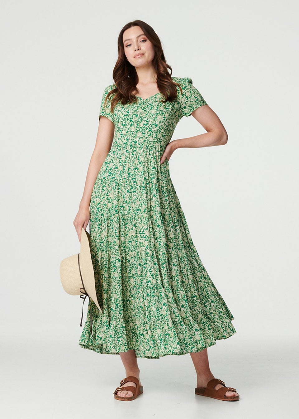 Izabel London Green Vintage Floral Pleated Midi Dress