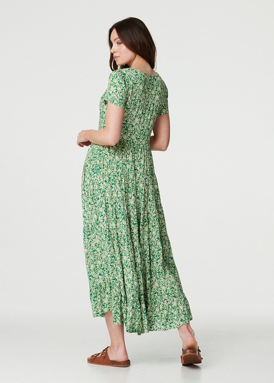 Izabel London Green Vintage Floral Pleated Midi Dress